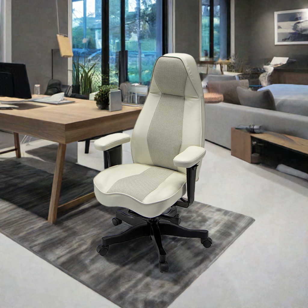A high-back office chair with cream and grey upholstery and a black wheeled base, shown from the front in a home office setting.