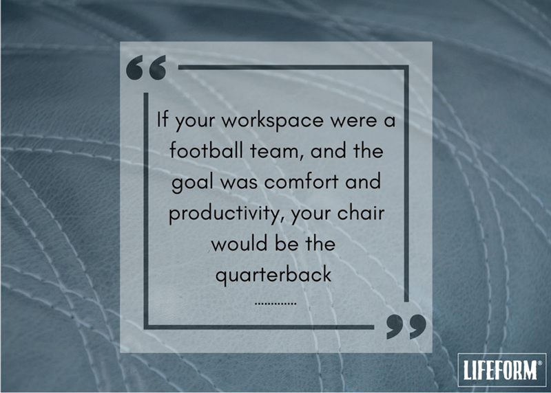 Inspirational quote on a textured leather background reads, “If your workspace were a football team, and the goal was comfort and productivity, your chair would be the quarterback,” with the Lifeform logo in the bottom right corner.